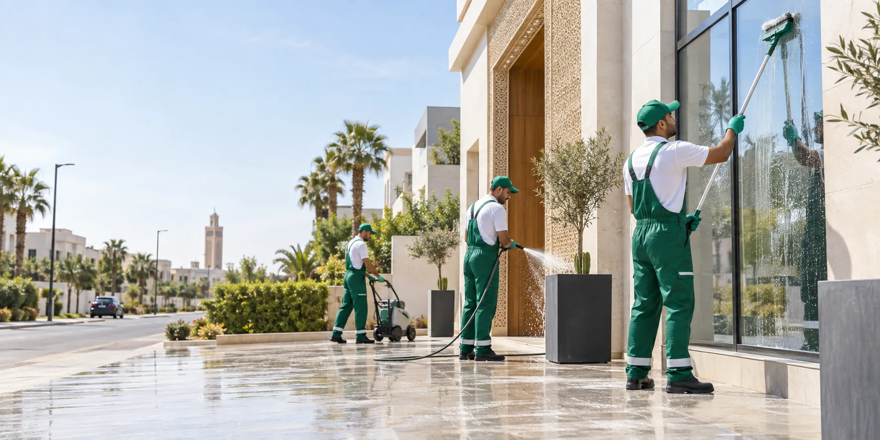Equipe Moroccan Maids nettoyant une facade et des vitres au Maroc